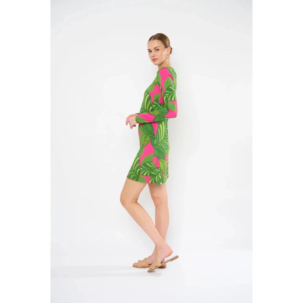 NEW Flora Bea Morgan Long Sleeve Shift Dress in Farm Valley Pink Tropical Size S - Picture 2 of 13